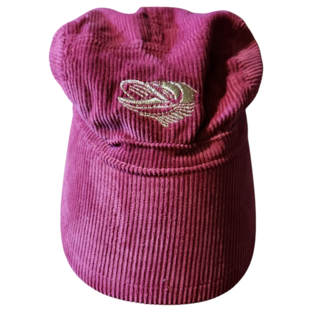 Vtg Girl's Fleece Lined Rose Corduroy Billed Cap Hat Ear Flaps Elastic Stretch
